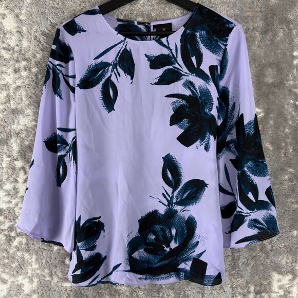 Worthington Sz S Rae Purple Floral Lightweight Blouse 3/4 Sleeve Chiffon NWT - Picture 1 of 7